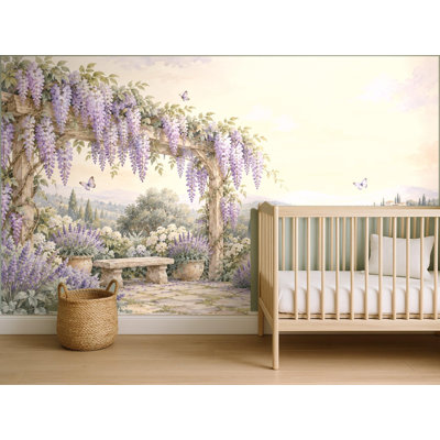 Pastel Wisteria Garden Wallpaper Mural, Peel and Stick Kids Room Wall Mural, Watercolor Nursery Wallpaper Made to Measure