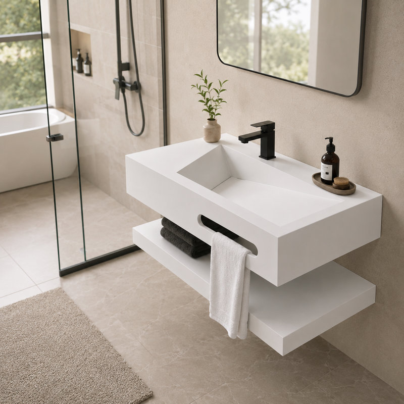Lavabo de salle de bain flottant mural en résine de pierre 36 "avec vasque en forme de V, tablette ouverte et siphon en P inclus