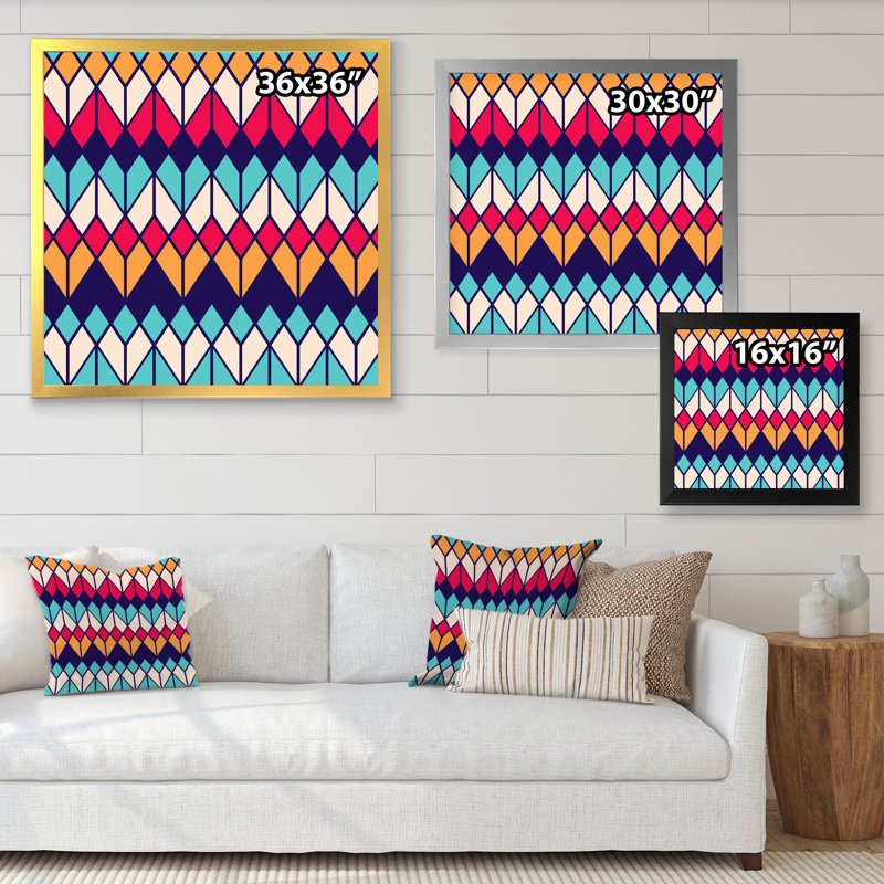 Rhombus Geometrics In Retro Colors II - impression sur toile, H 30 po x l 30 po, Cadre photo doré