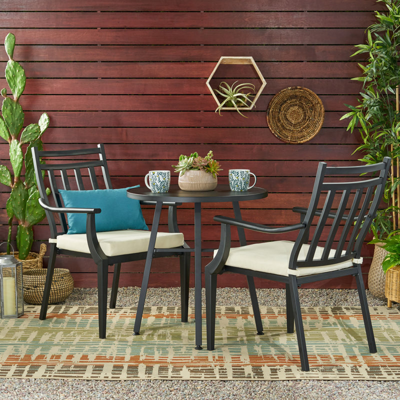 Ensemble bistro en métal avec table ronde et chaises rembourrées 3 pièces Roomfitters, noir