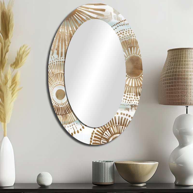 Mandala bohémien beige et doré, Simplicity Boho III - Miroir décoratif géométrique ovale sur métal, 36 po x 24 po