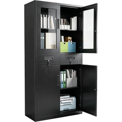 Armoire de rangement en métal noir de 180 cm (71 po) avec portes vitrées verrouillables et tablettes de bureau