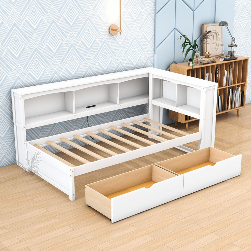 Twin Size Daybed, Built-In Storage, and Charging Station, White, Drawers