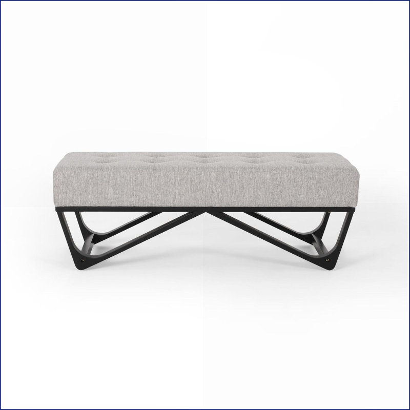 Ottoman Bench, Modern Minimalist with Button Tufting, 47.25”W Living Room | Light Grey | Fabric, Light Gray
