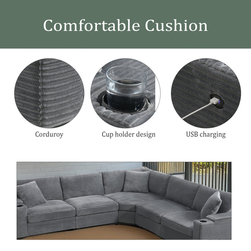 106" Convertible L Shaped Sectional Sofa,Corduroy Corner Couch With Armrest Storage,Cup Holders,USB Charger,Irregular Corner,Oversized Comfy Modular Sofa For Living Room,Apartment