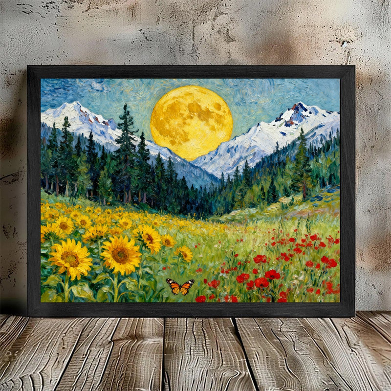 «Moonlit Pine Forest», encadré noir, pleine lune, peinture de champ de fleurs sauvages, art mural paysage nature Moody Mystical