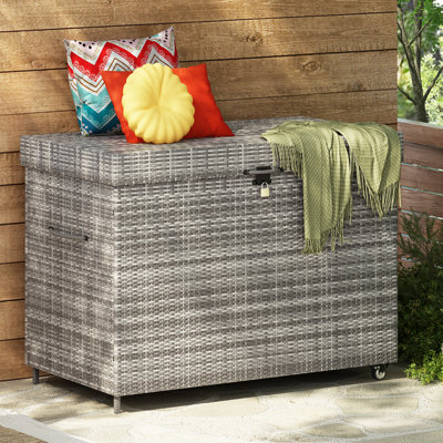230 Gallon Wicker Deck Box with Wheels, All-Weather Outdoor Storage Box, Rattan Storage Bin for Patio Furniture, Outdoor Cushions, Pool Storage and Garden Tools