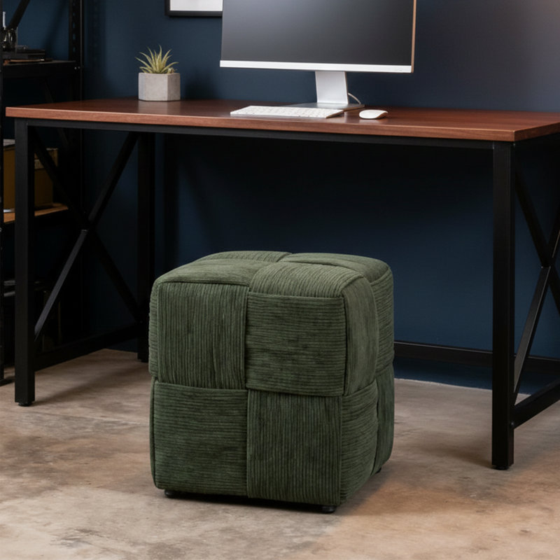 14.2" Square Corduroy Woven Ottoman, Soft Foot Rest Stool With Solid Wood Frame - Grey, Green