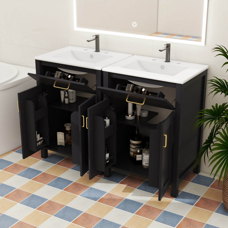 Ensemble de meuble-lavabo moderne 48 po avec lavabo en céramique, meuble de rangement équipé d'un tiroir rabattable et de tablettes à deux niveaux