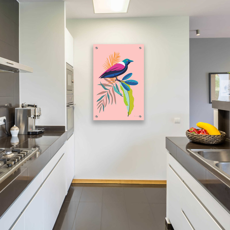 «Exotic Birds I» par Omar Escalante, art mural en verre acrylique, H 36 po x l 24 po x P 0,2 po