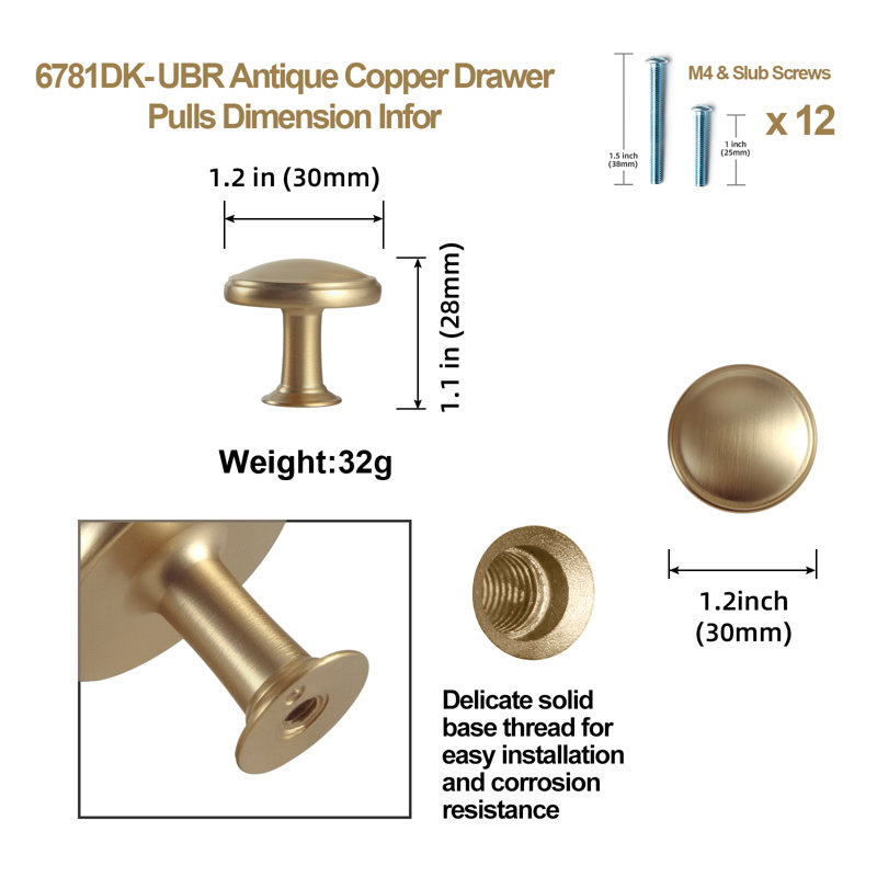 Boutons de porte à charme rétro 1,2 po, Bronze champagne