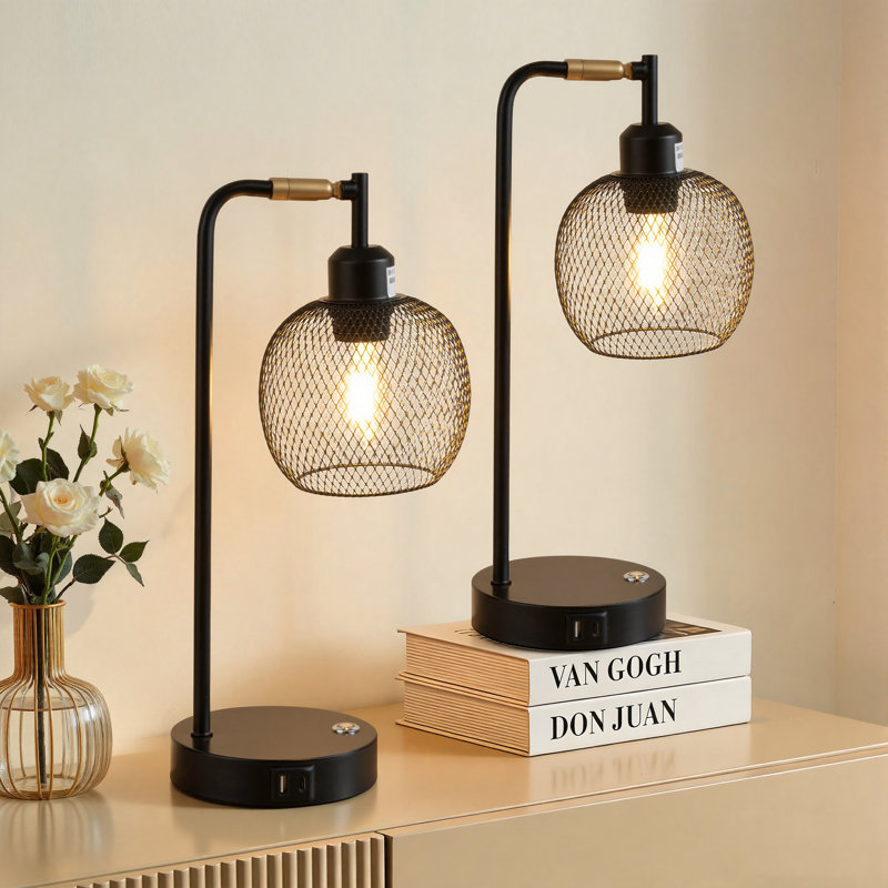 Industrial Dimmable Metal Desk Lamp with USB & Type-C & AC Outlet & Bulbs