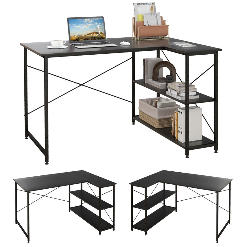 L-Shaped Computer Desk Reversible Corner Desk With Adjustable Shelf, Black