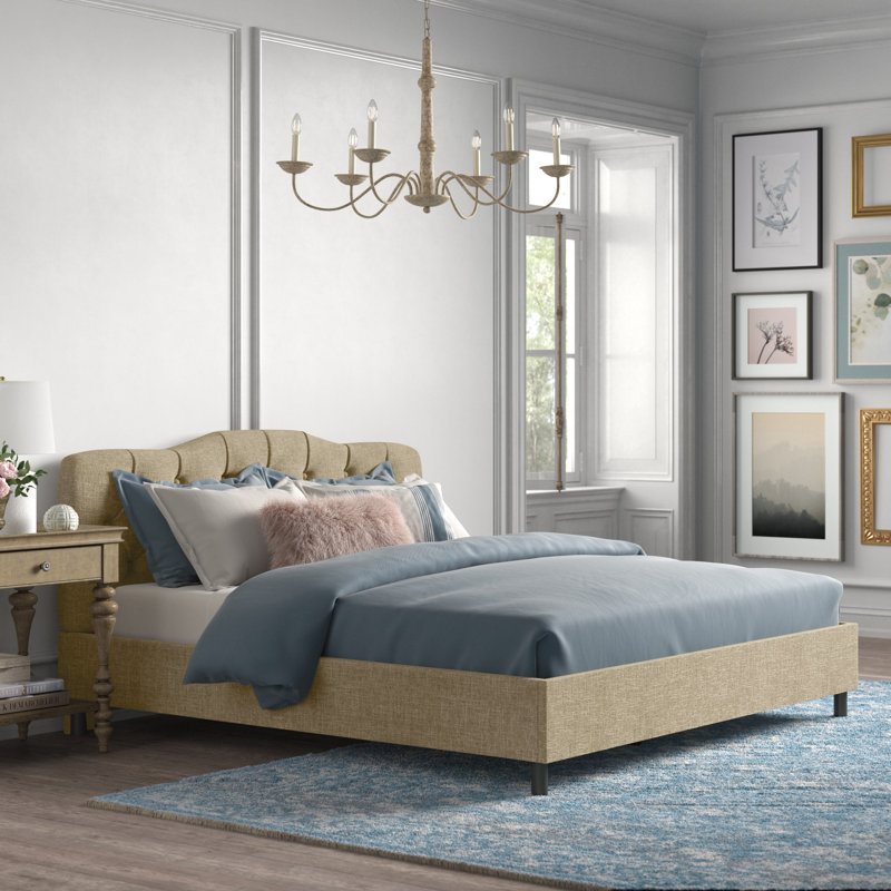 Lit plateforme tapissier Pires, Très grand californien, Lin naturel texturé Zuma