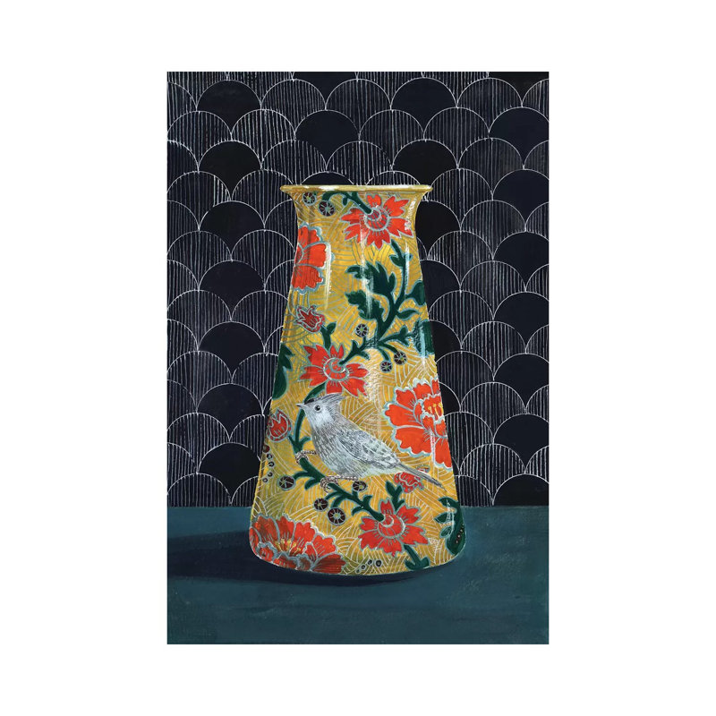 Yellow Vase With Titmouse Bird by Miri Eshet - Painting on Canvas, Wrapped Canvas, 101.6 cm H x 66.04 cm W x 1.91 cm D
