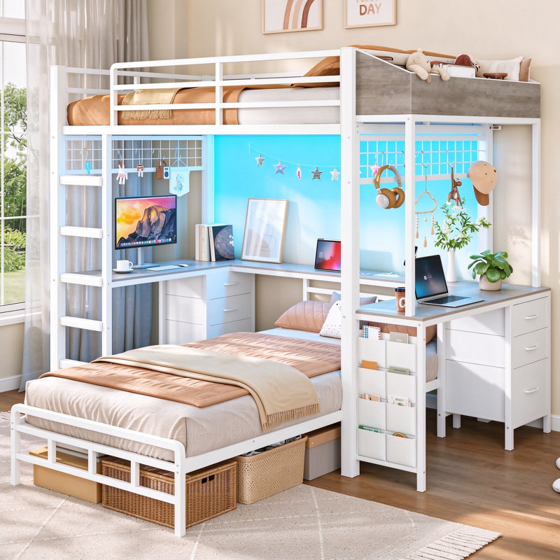 Lit superposé avec 2 bureaux, 6 tiroirs de rangement et 2 boîtes de rangement pour les jouets, petit lit capitaine en métal à DEL pour maximiser l'espace pour 2 enfants