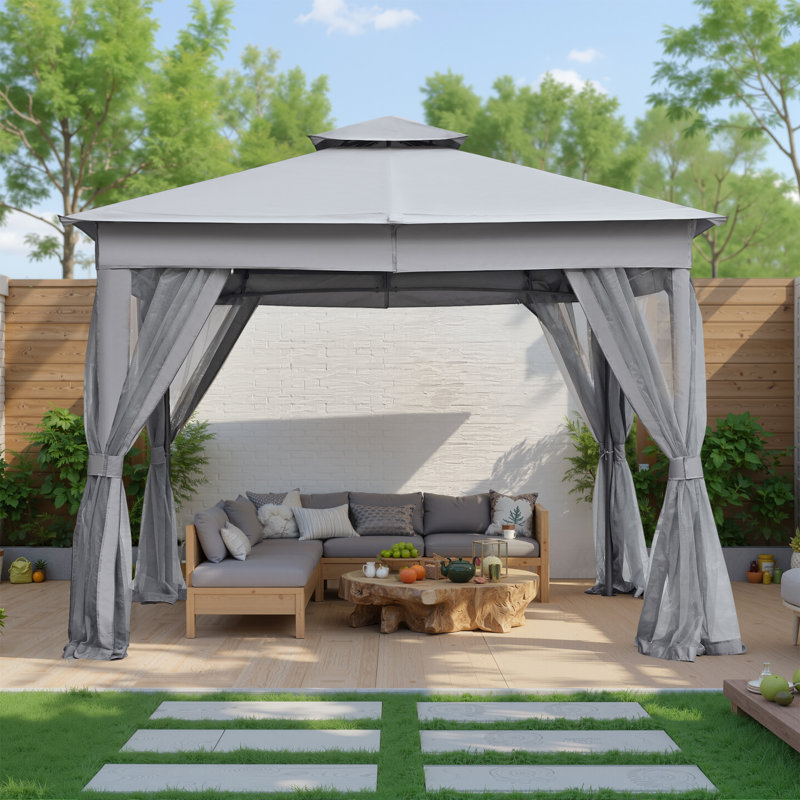 Pavillon de jardin avec moustiquaire à double toit pour patio, H 108 po x l 120 po x P 120 po, Gris