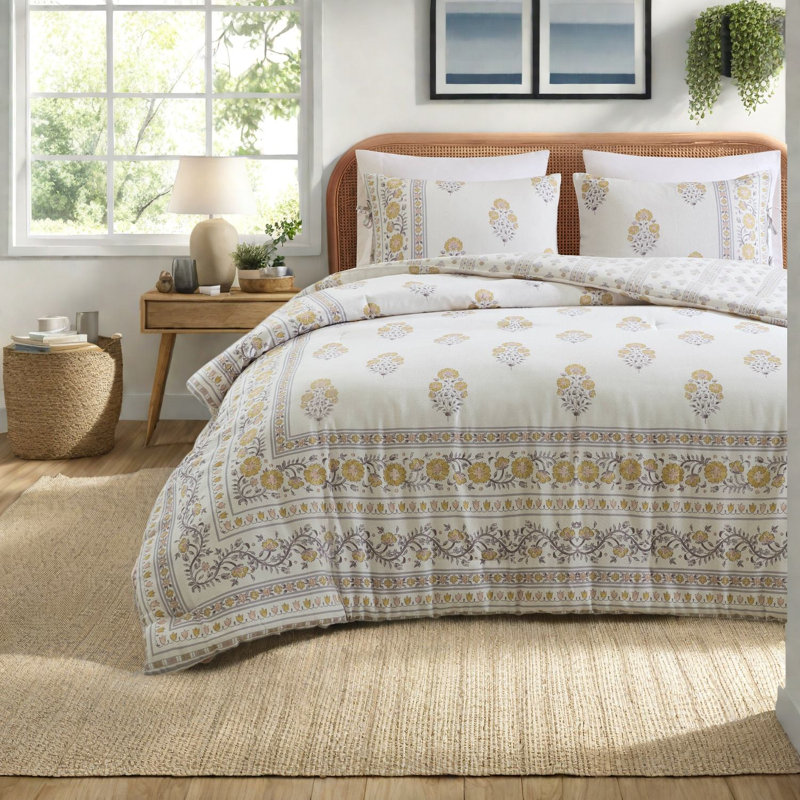 De literie pour grand lit double pièce, polyester floral rosé réversible doré