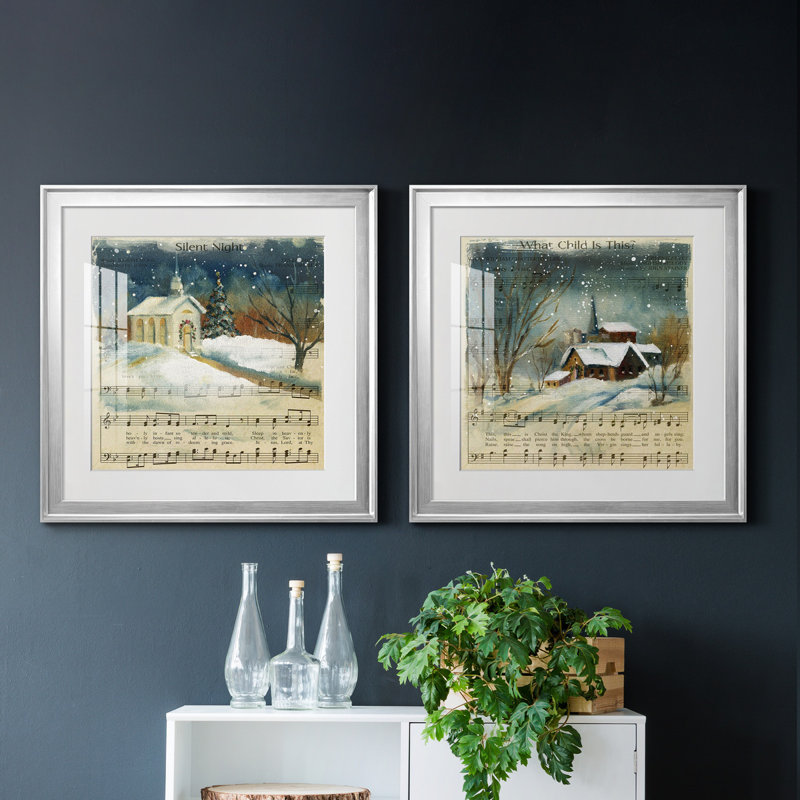 Silent Night - ensemble de 2 reproductions d'impressions, H 22,5 po x l 45 po x P 1,5 po, Papier avec cadre argenté, Blanc