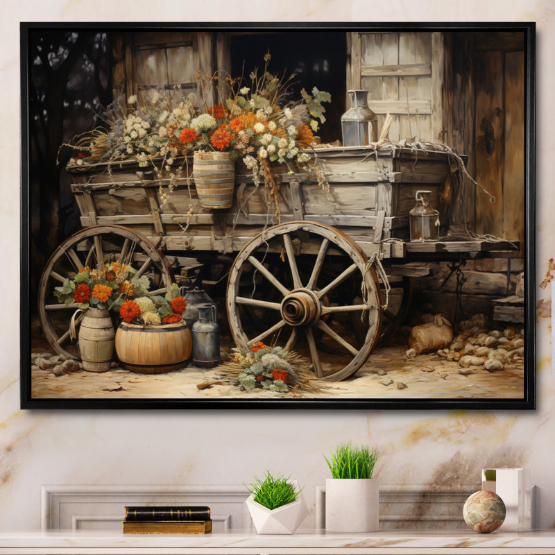 «Grey Old Cart Of Flowers I» - impressions sur toile de vieux chariot américain, H 16 po x l 32 po x P 1 po