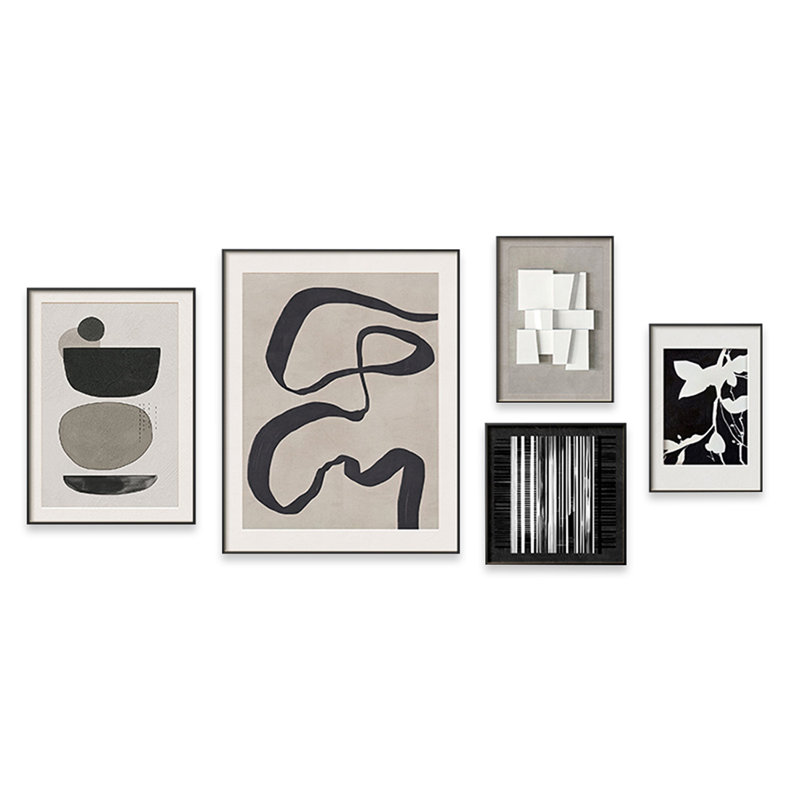 Ensemble de décorations murales neutres à lignes abstraites incurvées et encadrées pour le salon, H 31,5 po x l 23,62 po