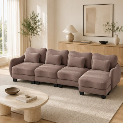 Oversized 4-Seat Curved Chenille Sectional Sofa with 1 Movable Ottoman and Lumbar Pillows,Rose Dust