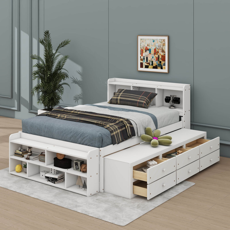 Lit double avec tête de lit bibliothèque intégrée, tiroirs et rangement au bout du lit, Blanc