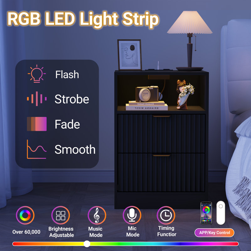 Commode 2 tiroirs l 15,5 po, commode de table de chevet avec lumières à DEL RVB et poignées en métal pour la chambre à coucher, le salon