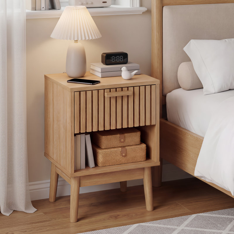 Boho Nightstand, Narrow Wood Side Table with Drawer & Open Shelf, Modern Compact End Table for Small Spaces Bedroom Living Room Dorm