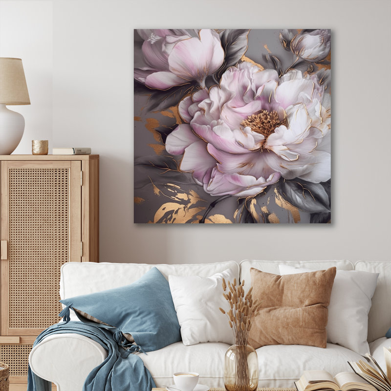 " Pink Grey Peonies Elegance III ", 16" H x 16" W x 1" D, Wrapped Canvas