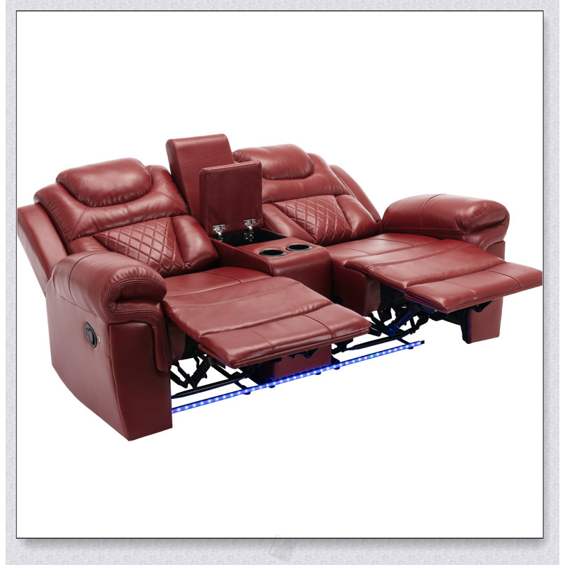 Causeuse de cinéma maison inclinable manuelle avec rangement escamotable, porte-gobelets et bande lumineuse à DEL pour le salon