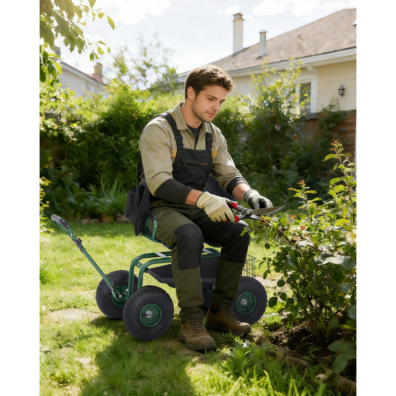 Siège de jardin roulant, tabouret de travail robuste, roues de 10 po, pivotant, réglable, avec plateau à outils, vert menthe