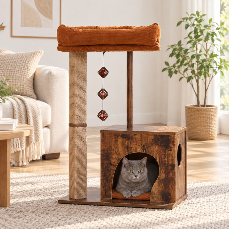 Arbre à chat rétro moderne en bois avec niche, poteaux à griffer en jute et coussins