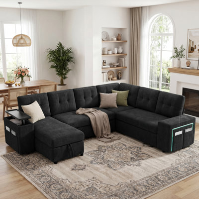 Grand canapé-lit modulaire 7 places avec repose-pieds avec rangement et Lovescat, ensemble de canapé-lit modulaire en chenille avec 2 coussins, canapé convertible en forme de U de 112 po pour le salon