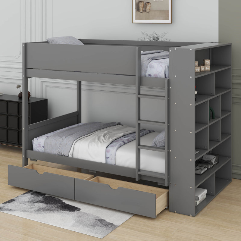 Lit superposé simple au-dessus de simple avec 2 tiroirs et une armoire, Lit superposé simple sur simple, Gris