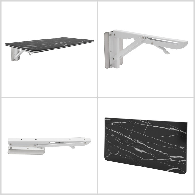 Black Marble Wall-Mounted Folding Desk with Metal Brackets