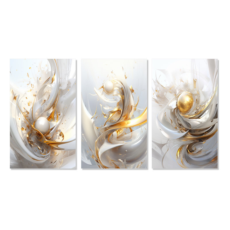 «Fractal Gold Sphere On White», 3 pièces sur toile, H 32 po x l 48 po, Toile tendue