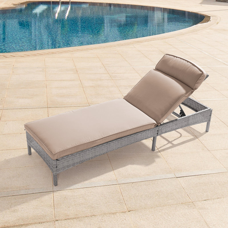 Patio Reclining Chair Rattan Single Lounge Water-Repellent Cushion Adjustable Chaise Suiting for Yard, Poolside and Beach, Sand
