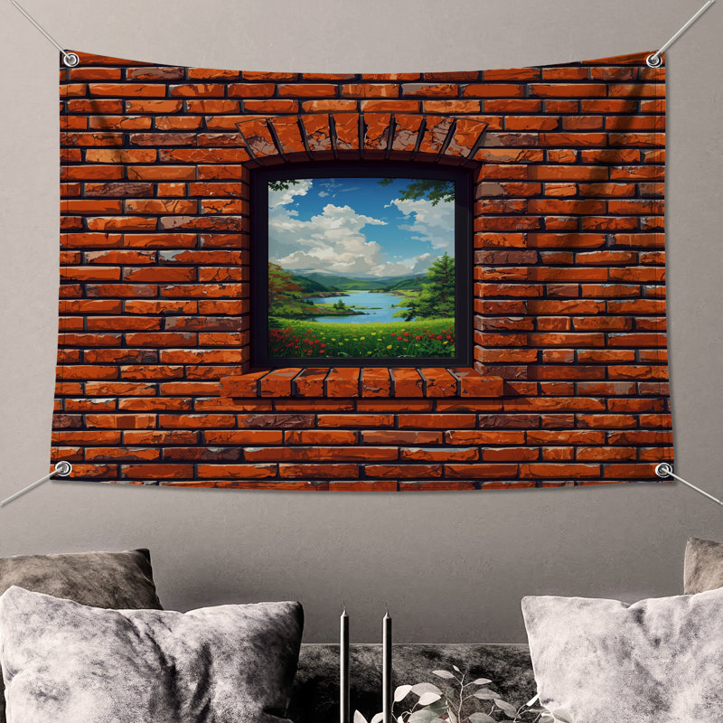 Tapisserie murale fenêtre brique - Décoration murale fenêtre, 68in H x80in W with 4 Grommets