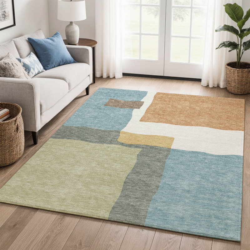 Premium Machine Washable Mayfield AMF2400 Geometric Rug, Seafoam, 9' x 12'