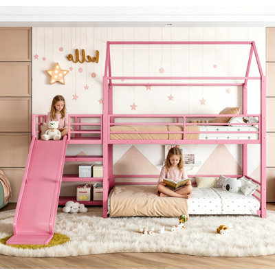 Twin Size House Shape Metal Bunk Bed with Slide & Storage Stairs, Pink