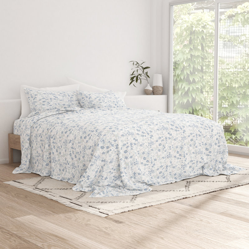 Queen Light Blue Floral Microfiber Deep Pocket Sheet Set