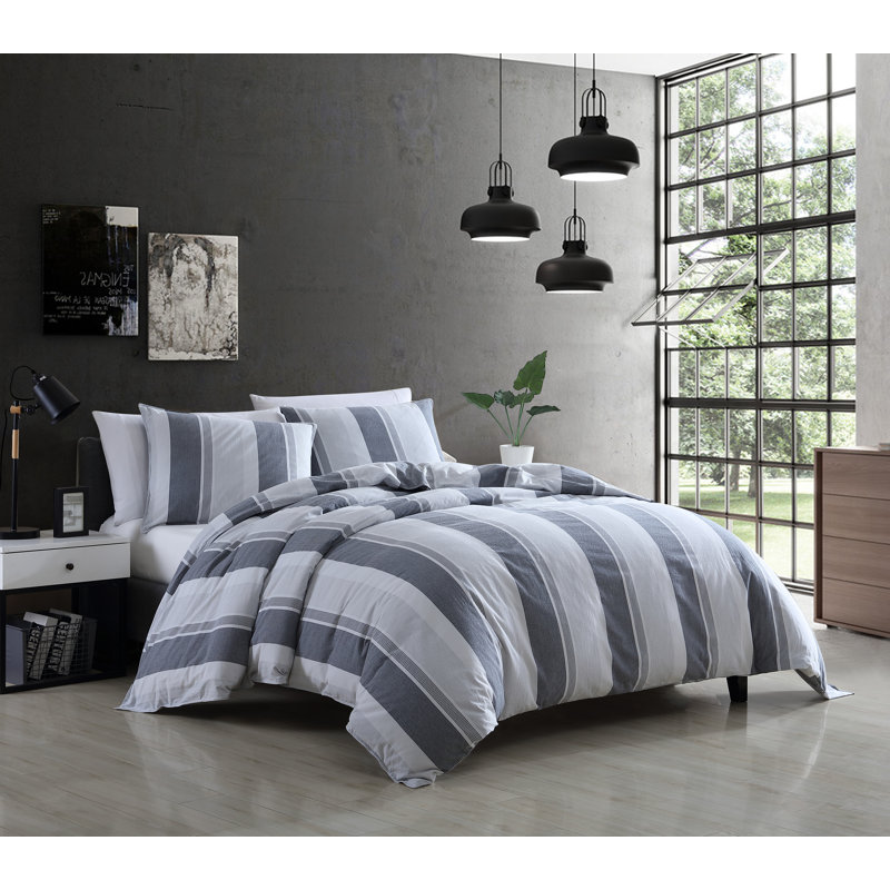 Vara Gray/Blue 100% Cotton 2 Piece Comforter Set