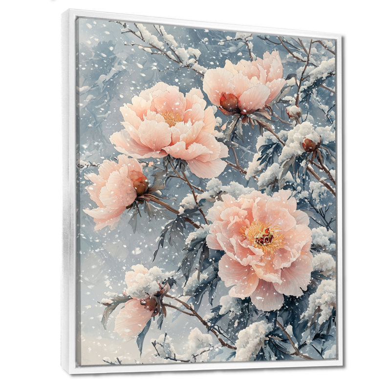 Pivoines au vent d'hiver III - pivoines, art mural encadré, H 32 po x l 24 po, Reproduction avec cadre flottant, Blanc