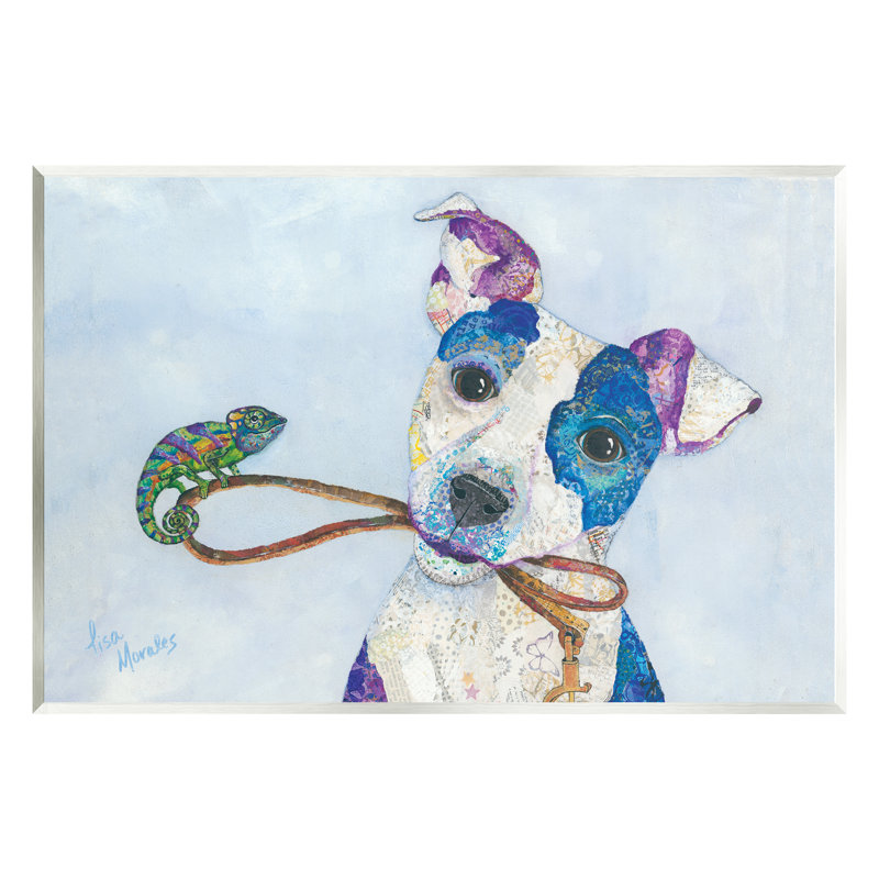 Smiling Dog and Chameleon Collage Art Print on MDF Wood