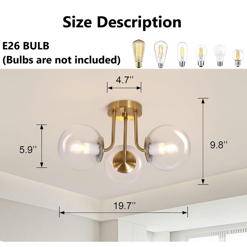 Gold and Clear Glass Globe 3-Light Semi Flush Mount Ceiling Fixture