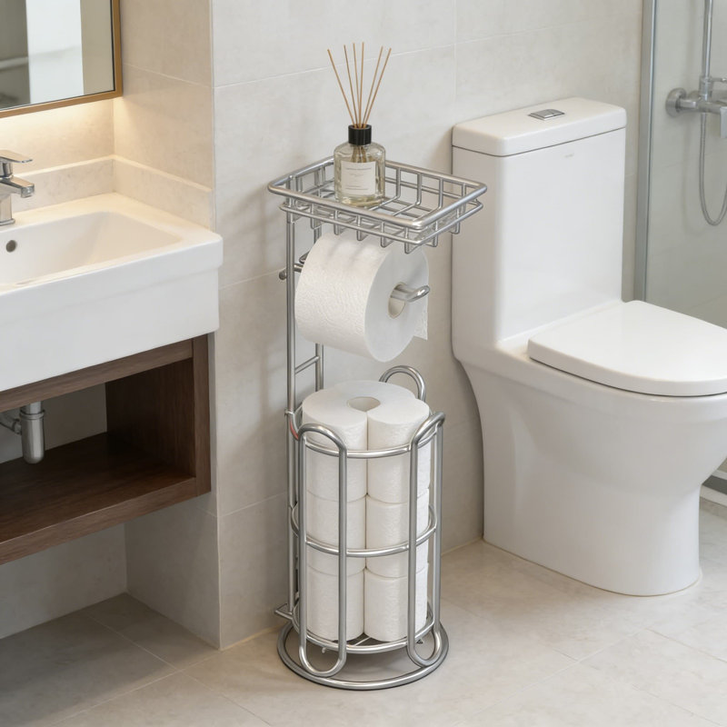 Freestanding Toilet Paper Holder Stand With Magazine Rack And Phone Shelf - All-In-One Bathroom Organizer For Mega Rolls, Tablets, And Essentials
