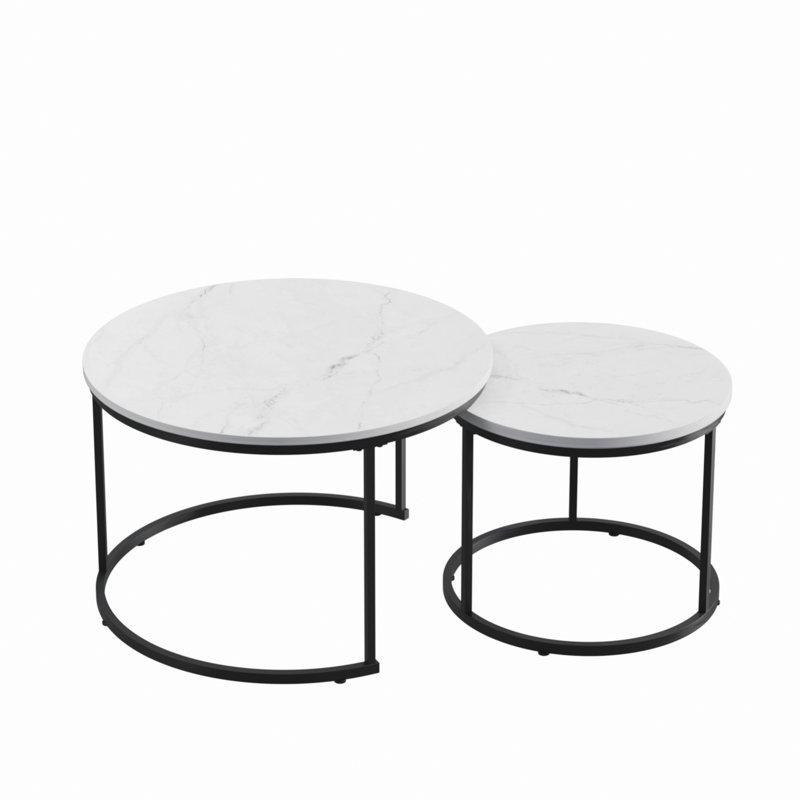 Set Of 2 Nesting Coffee Table, Round Coffee Table With Metal Frame For Living Room, Bedroom, White