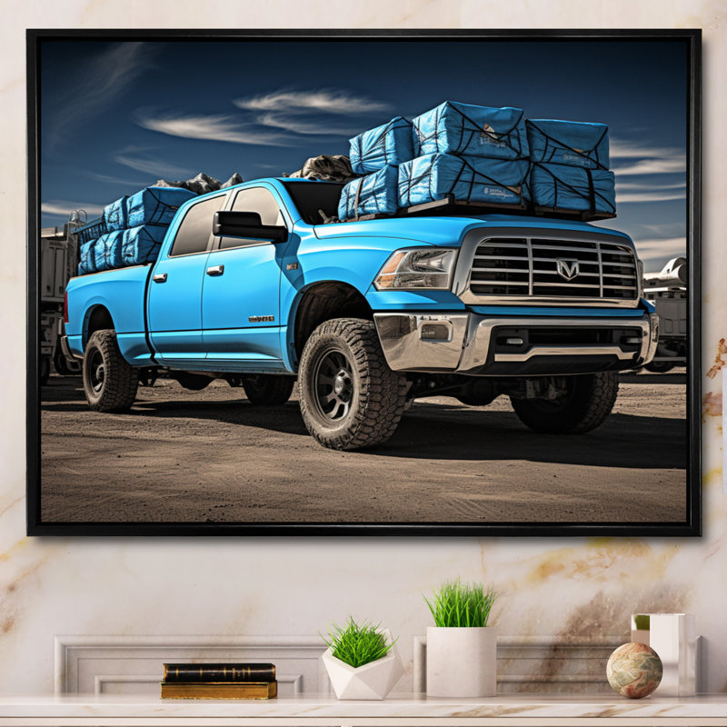 Teal Pickup Truck Cargo Carrier - Transportation Wall Decor, Cadre flottant noir, H 12 po x l 20 po x P 1 po