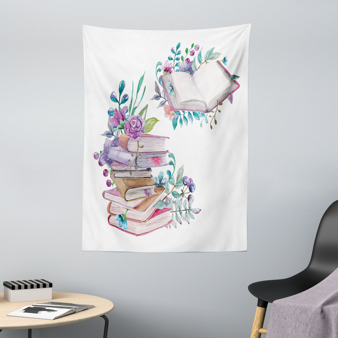 Wandteppich, Aquarell BÃ¼cherwurm Floral, WeiÃŸ und Multicolor